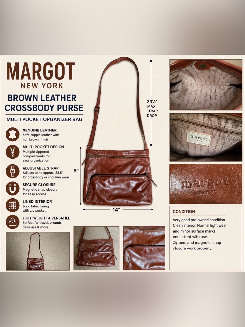 Margot New‎ York Brown Leather Crossbody Purse Multi Pocket Organizer Bag